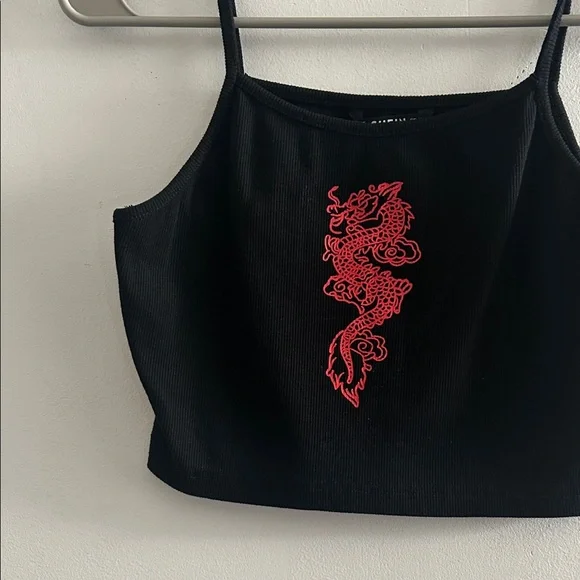 SHEIN Black Ribbed Cropped Camisole with Red Dragon Embroidery - Picture 2 of 4